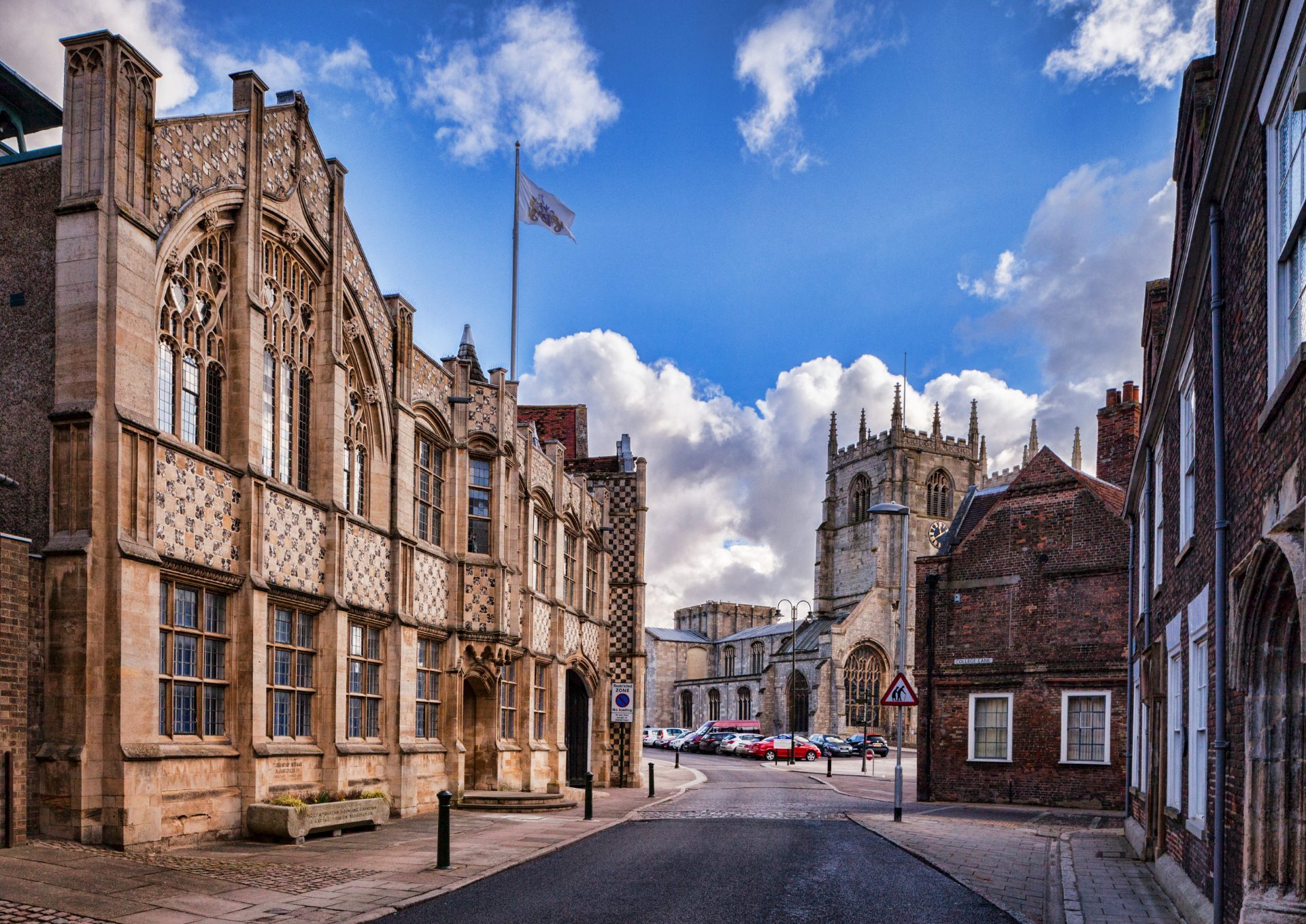 The Town Hall and Trinity Guildhall, Kings Lynn, Norfolk, England, UK, looking towards King's Lynn Minster.